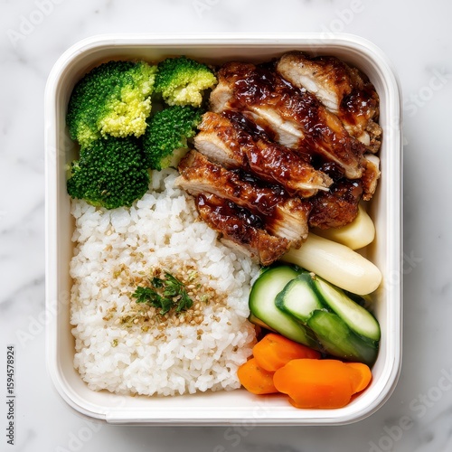 A container of food containing rice, bro bro, carrots, and bro,