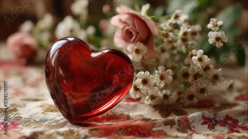 Red glass heart with flowers on fabric, in soft, romantic light. It's ideal for Valentine's Day or love-themed designs.