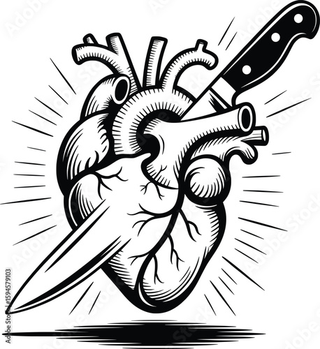 Black and White Anatomical Heart with Knife, Emotional Tattoo Style Vector Art.


