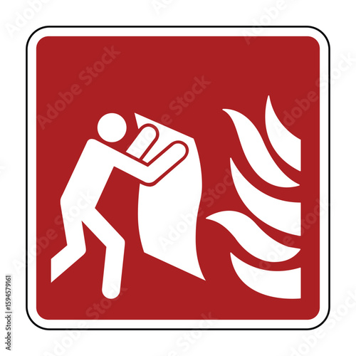 Fire Blanket Symbol on Red Safety Sign – Flame Suppression Emergency Icon with Rescue Figure – High Quality Vectorial Stock Image