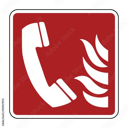 Fire Emergency Telephone Symbol on Red Safety Sign – Manual Fire Alert Communication Icon with Flame Indicator – High Quality Vectorial Stock Image