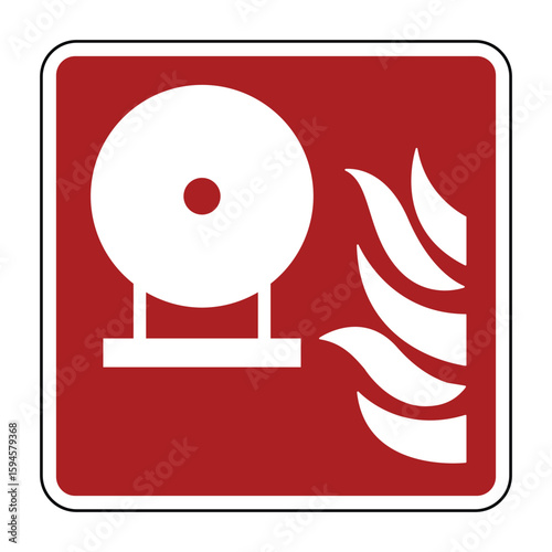 Fixed Fire Extinguishing Bottle Symbol on Red Safety Sign – Stationary Emergency Flame Suppression Icon with Alarm Indicator – High Quality Vectorial Stock Image