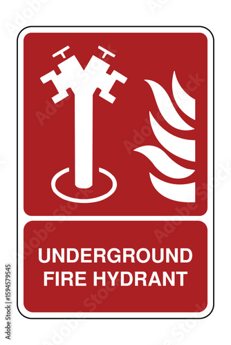Underground Fire Hydrant Symbol on Red Safety Sign with Explanation – Subsurface Water Supply Access Icon with Flame Indicator – High Quality Vectorial Stock Image