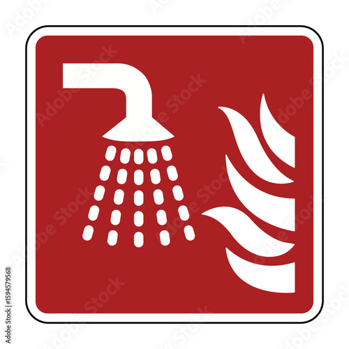 Water Fog Applicator Symbol on Red Safety Sign – Fire Suppression Nozzle Icon with Flame Indicator – High Quality Vectorial Stock Image