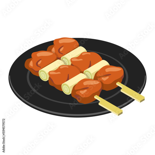 Grilled chicken skewer with scallion on black round plate - flat isometric illustration