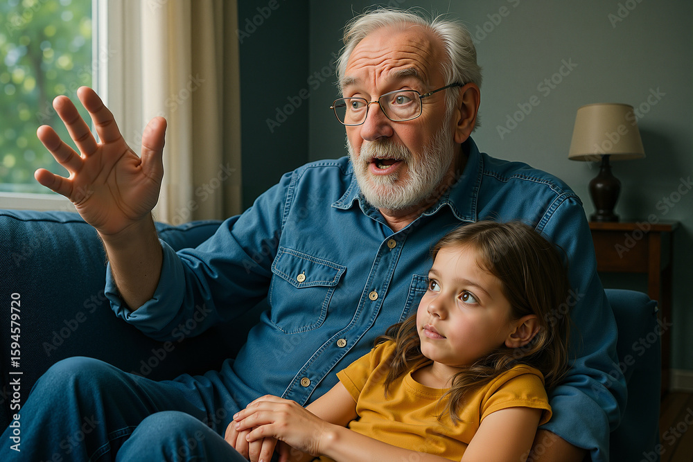 Fototapeta premium Grandfather and granddaughter sharing stories with emotions in a cozy living room