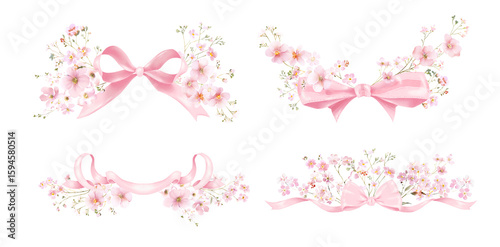 Light Pink Floral Bows Clipart. Hand-Drawn Watercolor Ribbons with Tiny  Pink Wildflowers on Transparent Background. perfect for greeting cards, wedding invitations, baby showers, birthdays, and other