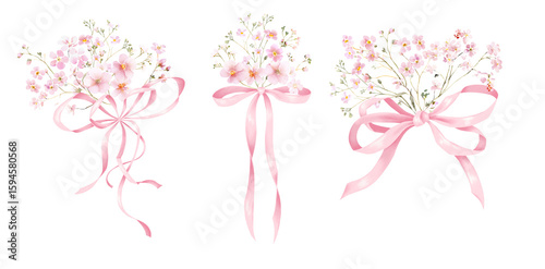 Fototapeta Naklejka Na Ścianę i Meble -  Light Pink Floral Bows Clipart. Hand-Drawn Watercolor Ribbons with Tiny  Pink Wildflowers on Transparent Background. perfect for greeting cards, wedding invitations, baby showers, birthdays, and other