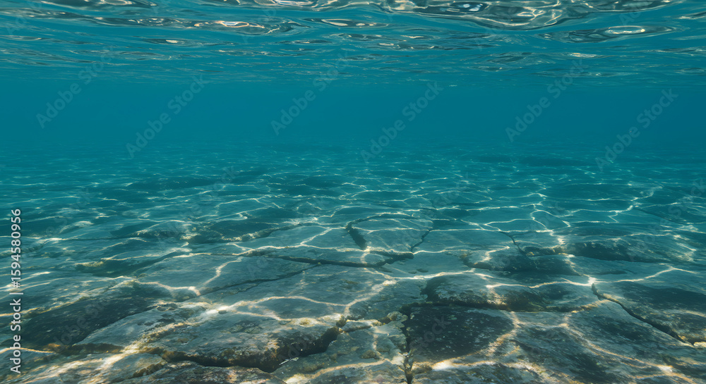 Fototapeta premium Underwater view showcasing the sandy ocean floor with sunlight filtering through the water.