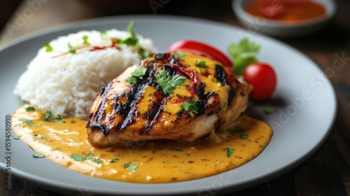 Grilled chicken breast with rice and a spicy sauce, garnished with chili and herbs