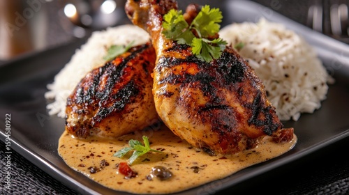 Grilled chicken drumsticks with creamy sauce and rice