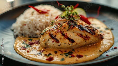 Grilled fish fillet with creamy sauce, rice, and vegetables on dark plate