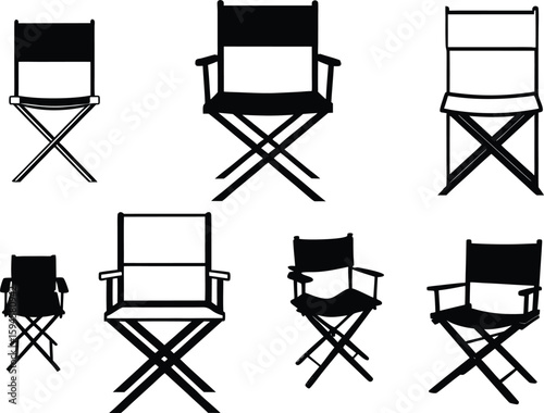 Director's chair vector, Director's chair clip art illustration, black and white of a film director's chair.