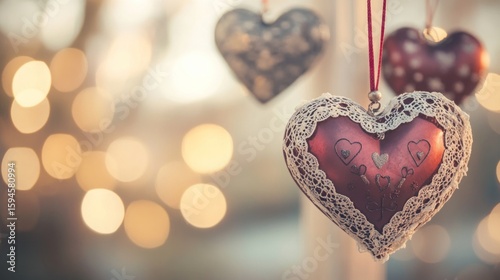 Heart-shaped ornaments hang, soft bokeh