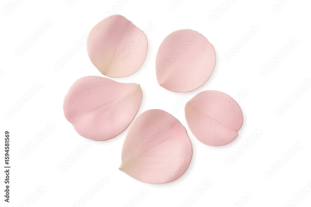 Five delicate pink rose petals arranged on a transparent background, perfect for romantic or beauty-themed projects Five delicate pink rose petals arranged on a transparent background, perfect for romantic or beauty-themed projects