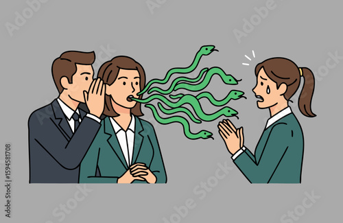 A metaphor for office politics and gossip. One figure whispers to another, and poisonous green snakes extend from them towards a third person, symbolizing toxic influence and underhanded games.