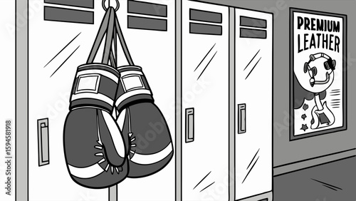 Cartoon Boxing Gloves Hanging in Locker Room with Poster.