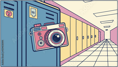Cartoon Illustration of a Pink Camera in a School Hallway.