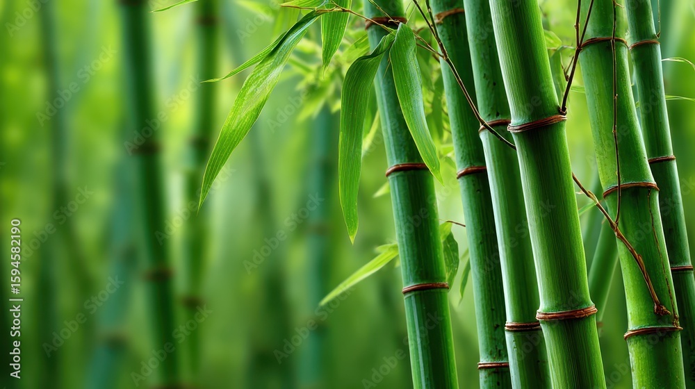 Fototapeta premium Lush green bamboo stalks rise, leaves reaching with a soft bokeh background. Use this calm nature scene for wellness, zen, or environmental projects.