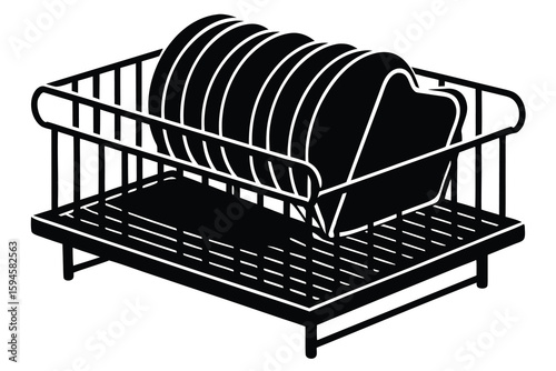 Black and White Dish Rack Filled with Dishes Drying in Kitchen Appliance