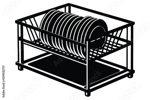 Black and White Dish Rack Silhouette with Plates, Kitchenware, Utensils, and Countertop Storage