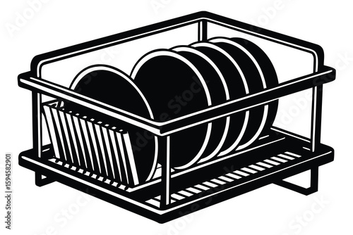 Black and White Dish Rack with Plates and Utensils Illustration Style