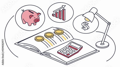 Financial Planning with Piggy Bank Coins and Calculator.
