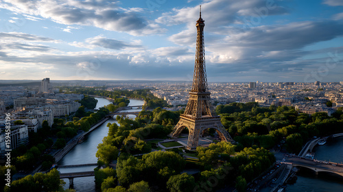 Elevated View of Parisian Cityscape with Iconic Tower under Sunny Sky