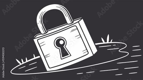 Handdrawn illustration of a padlock submerged in water.