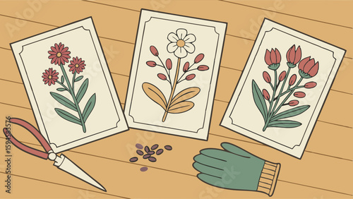 Illustrated Seed Packets Gardening Tools and Seeds on Wooden Surface.