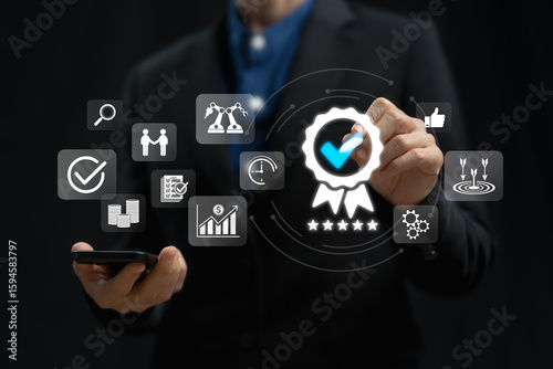 Product quality control guarantees process and satisfaction with customers concept, Businesswomen give best certification service in the industry, Standard iso, Top rating, Online shopping, financial