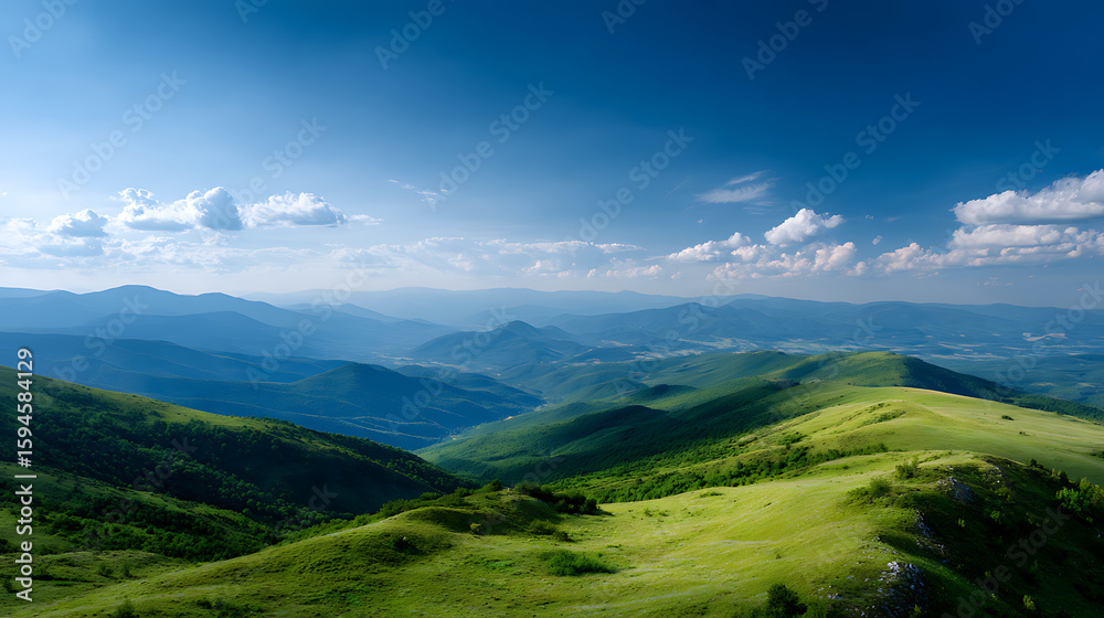 Fototapeta premium Vast Green Mountain Range Under a Sunny Blue Sky