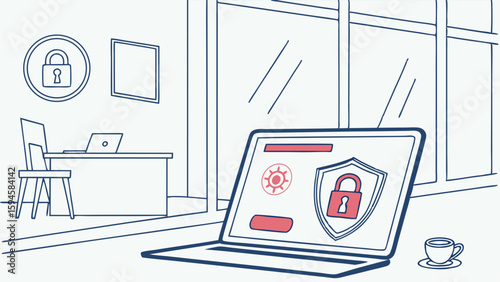 Laptop Displaying Security Shield and Lock Icon Illustration.