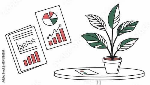 Office Workspace with Charts Plant and Documents.