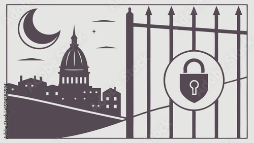 Night Cityscape with Locked Gate and Crescent Moon.