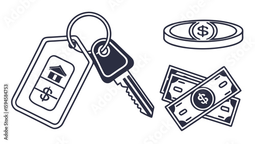 Outline illustration of house key money and coin representing real estate investment.