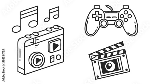Outline illustration of music player notes gamepad and clapperboard.