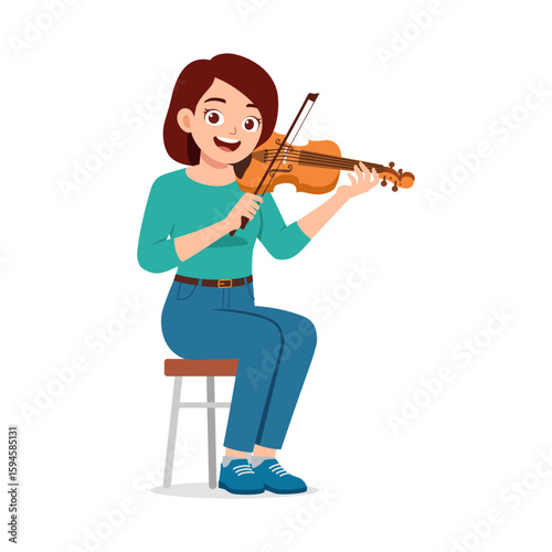 Happy young woman playing violin while sitting on a chair in casual clothes.