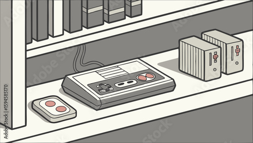 Retro Gaming Console and Accessories on a Shelf.