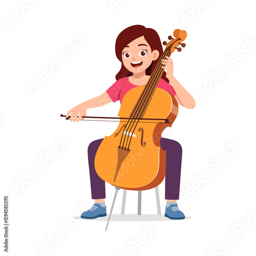 Happy Woman Playing Cello with Bow and Smiling, Sitting on Chair in a Cartoon Style