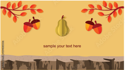 Autumn Background with Acorns, Pear, and Fall Leaves