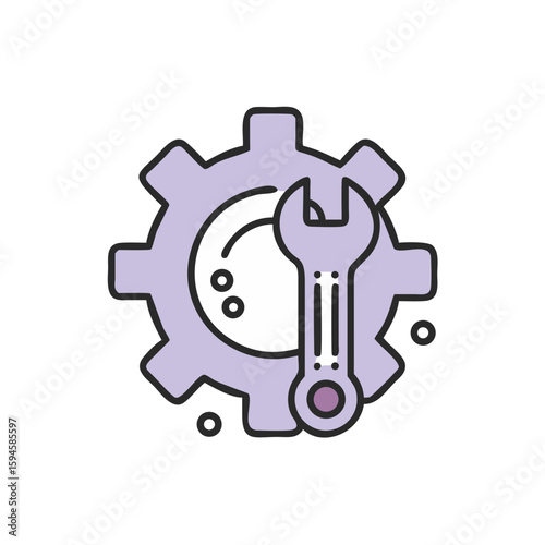 Wrench and gear icon in flat design with purple color scheme  