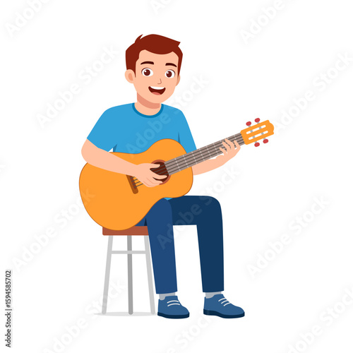 Young man playing acoustic guitar sitting on stool with happy expression cartoon illustration