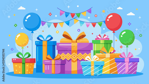 Vector art of an array of colorful gift boxes adorned with ribbons and balloons creates a festive backdrop for a happy birthday celebration