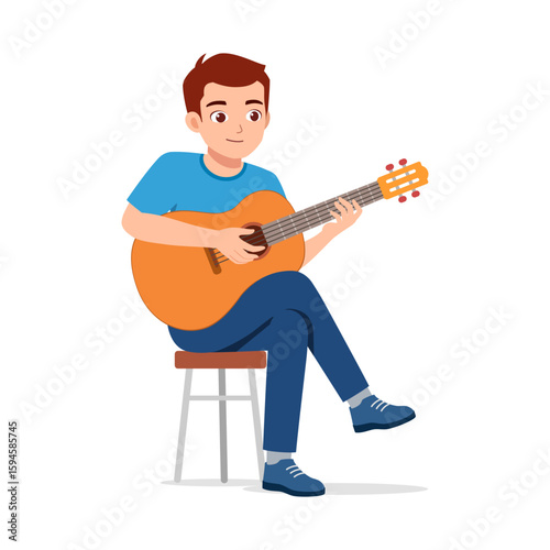 Man Sitting on Stool Playing Guitar with Happy Expression in Colorful Illustration