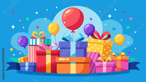 Vector art of a festive display of assorted gift boxes and vibrant balloons creates a joyful scene for a happy birthday or special occasion