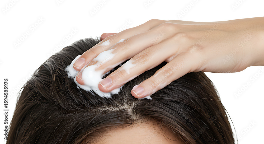 Fototapeta premium Hand applying white foam to dark hair and scalp, illustrating a hair washing or treatment routine for healthy hair