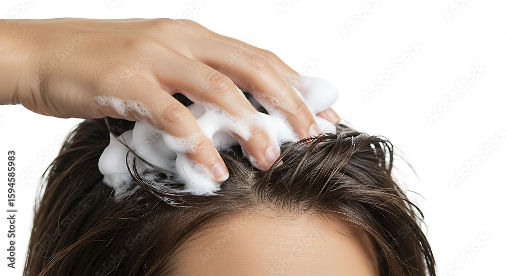 Naklejka premium Close-up of hand applying shampoo and lather to a person's dark hair