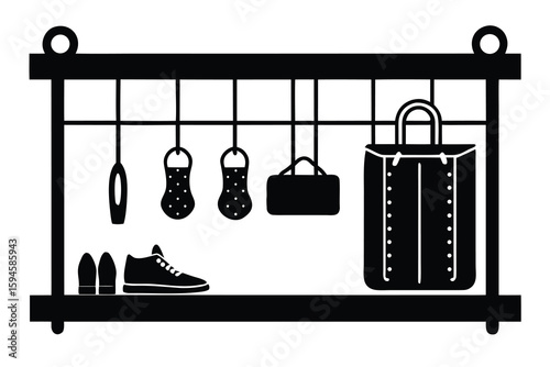 Black and White Illustration of Clothing and Bags Hanging on a Rack and Lying Below