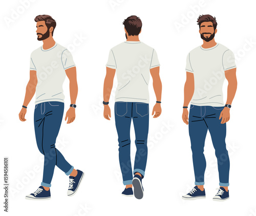 Vector illustration of a stylish bearded man in white tshirt, jeans in different poses, front, back, side. Perfect as animation character, avatar, design asset. Isolated on transparent background